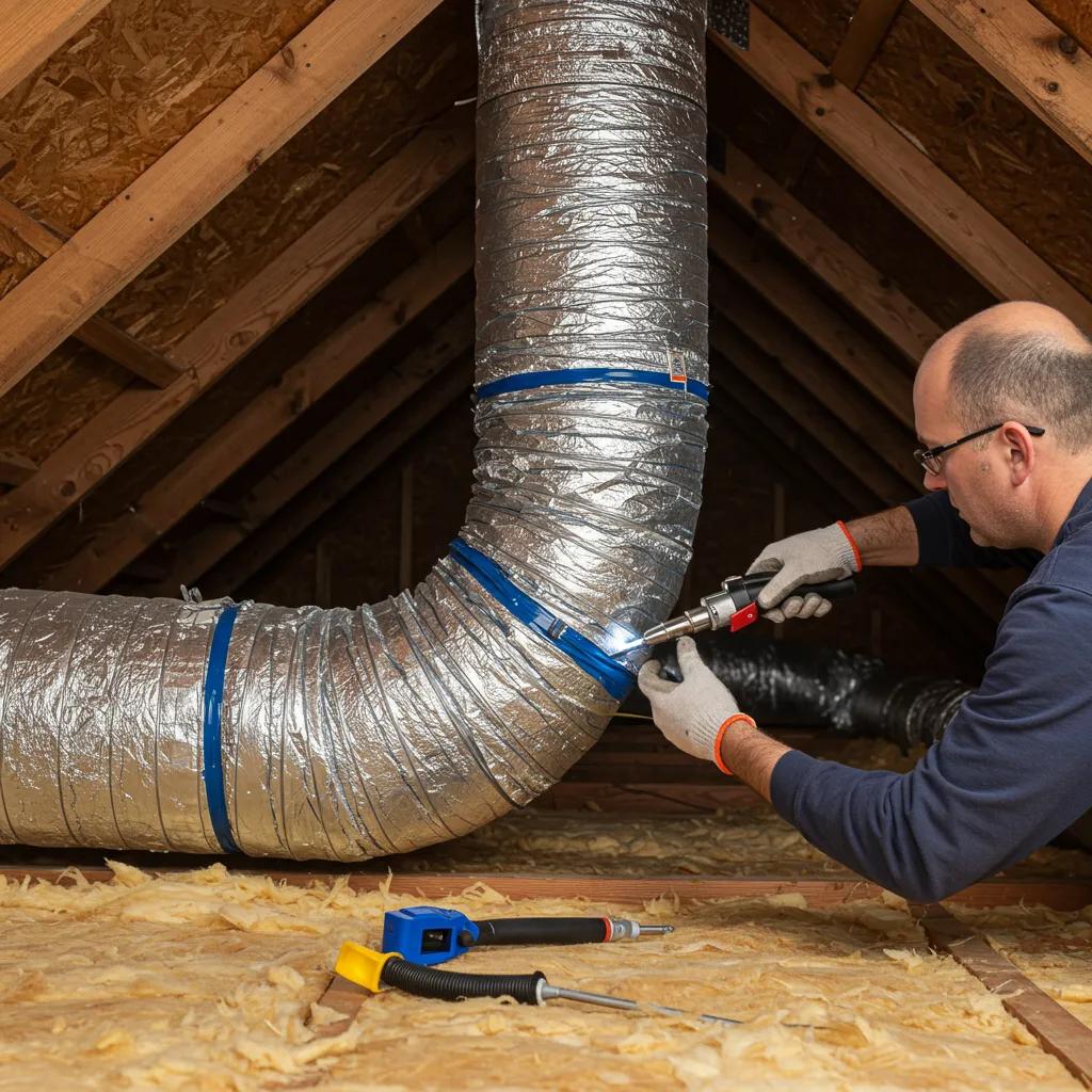 Technician sealing ductwork in an attic to improve HVAC energy efficiency