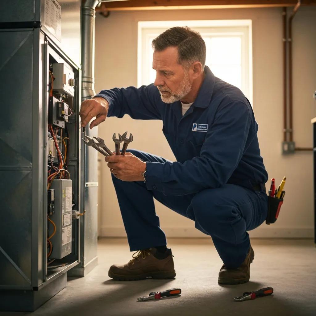 HVAC technician inspecting a furnace to diagnose noisy operation