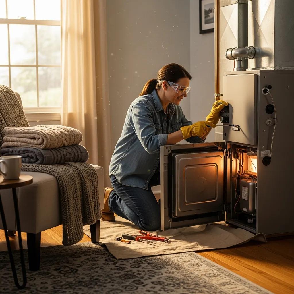 Homeowner performing DIY furnace maintenance in a cozy living room