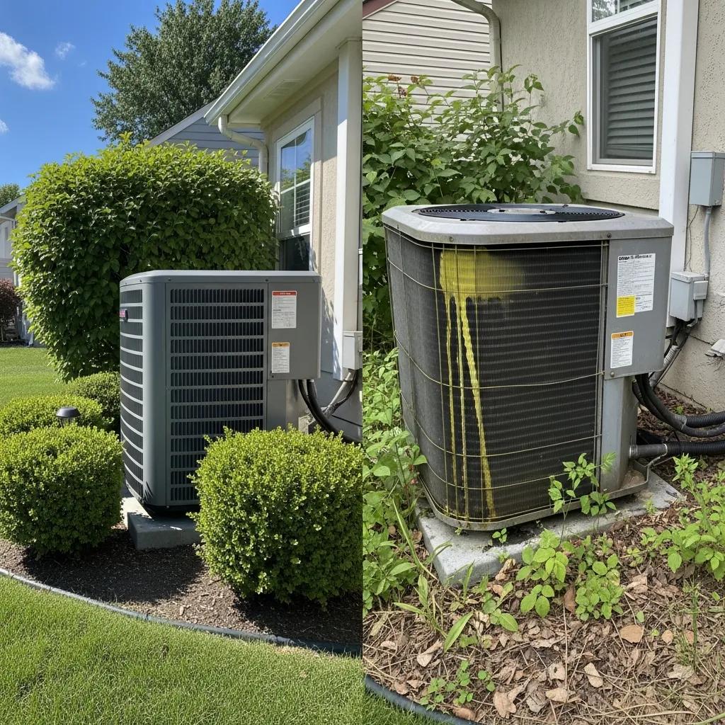 Split image showing well-maintained AC unit and common issues like refrigerant leaks