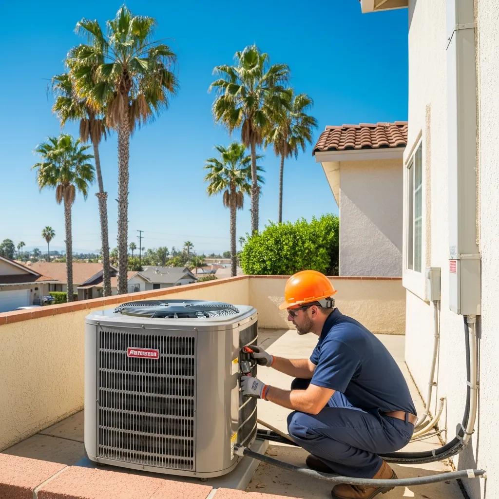 Technician performing seasonal AC tune-up in sunny Los Angeles