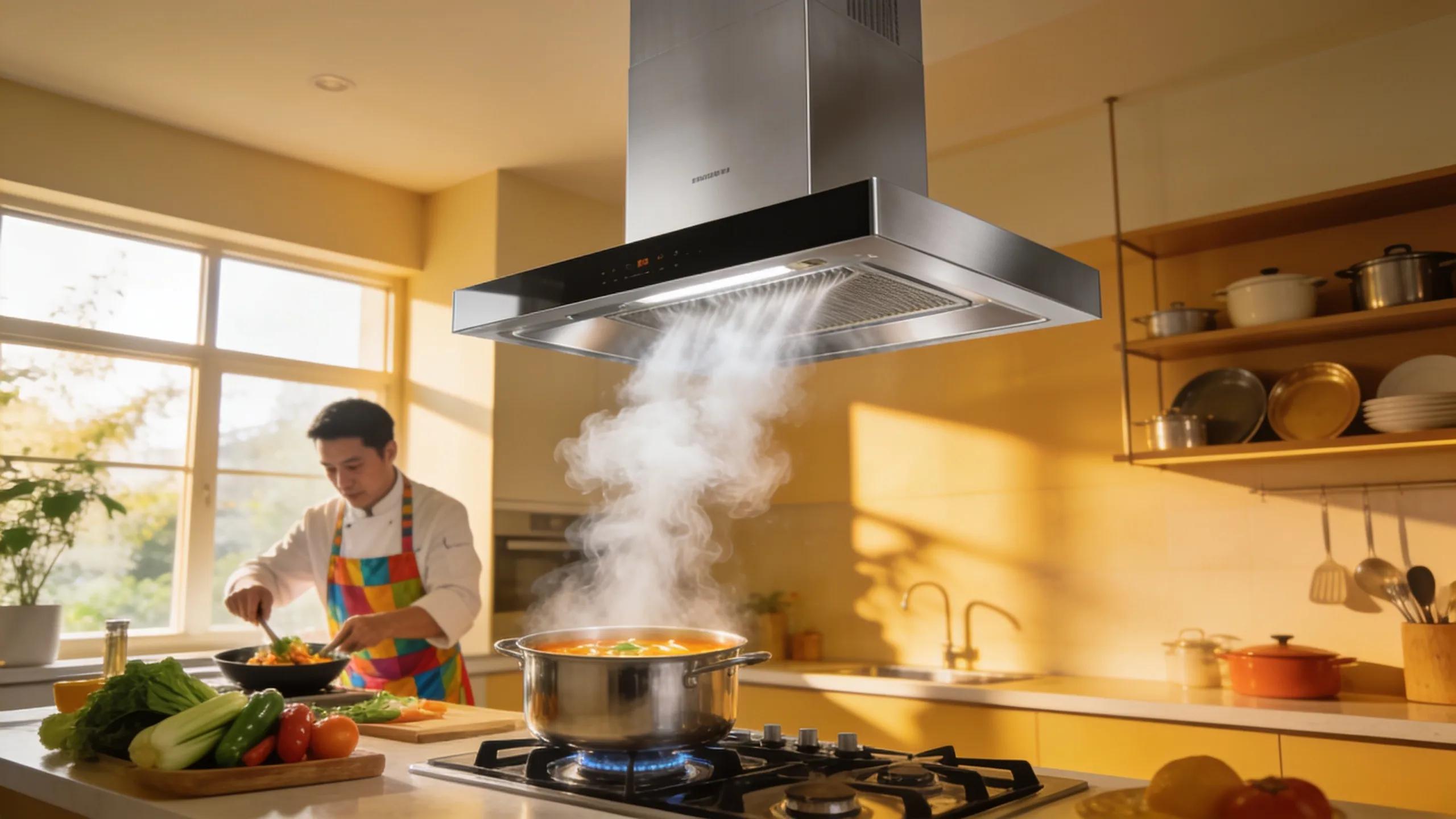 Create a Healthy Home Air Environment with Simple IAQ Tips 2 Kitchen with active exhaust fan demonstrating effective ventilation for improved indoor air quality